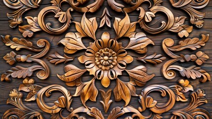 Abstract floral carving background with wooden texture, carved flowers and leaves, botanical hand made ornament, organic shapes, natural eco color palette, AI generated