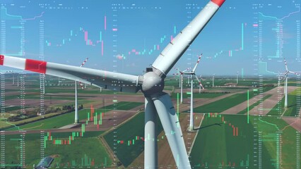 Wind turbines on the background of stock charts, aerial view. Green energy power production. Business financial concept, 4k - Powered by Adobe