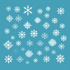 White snowflakes on a sky blue background, a flat vector illustration in the simple minimalist style of a cute cartoon design with simple shapes