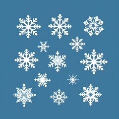 White snowflakes on a sky blue background, a flat vector illustration in the simple minimalist style of a cute cartoon design with simple shapes