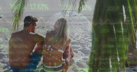 Image of financial data processing over couple on beach