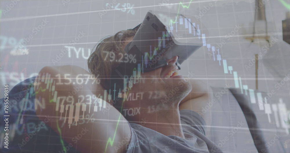 Poster image of financial data processing over caucasian man using vr headset
