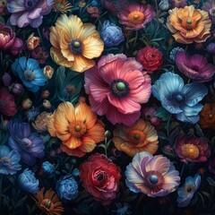Colorful flowers painting on black background