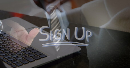 Image of icons, sign up text, midsection of man touching screen, cropped hands working on laptop