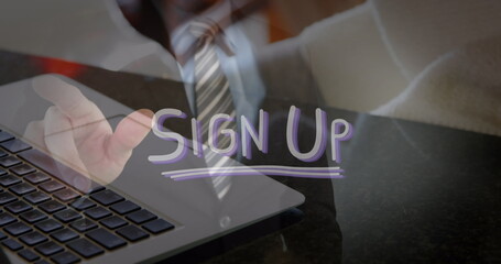 Image of icons, sign up text, midsection of man touching screen, cropped hands working on laptop