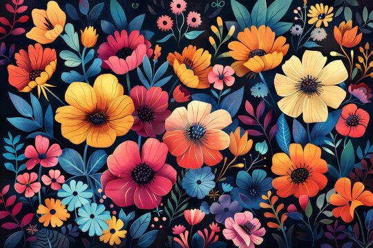 Vibrant flowers painting on black background