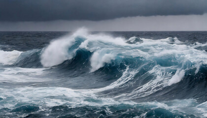 Naklejka premium Close-up view of turbulent big wave in a stormy sea under a cloudy sky.