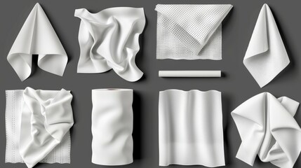 This is a realistic set of kitchen towel mockups with perforated texture isolated on transparent background. The image is a 3D modern illustration of soft white hygiene tissue rolls for bathrooms or