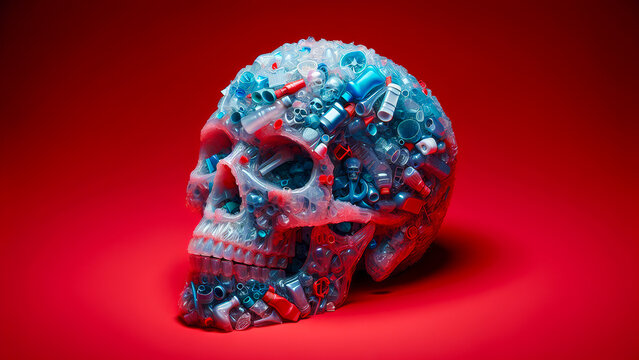 3d human skull made of plastic waste isolated on red background. Concept of environment protection, plastic pollution. danger, toxicity, death, halloween.