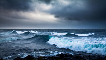 Fototapeta na wymiar Close-up view of turbulent big wave in a stormy sea under a cloudy sky.