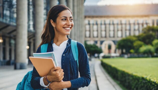 Woman university student Happy lovely female student with a backpack hold books and notebooks in her hand stand near the university campus