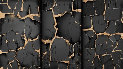 This modern illustration shows a realistic set of cracks on a dry surface isolated on a transparent background. Illustration includes weathered paint, aged building facade, damaged wall surface, - obrazy, fototapety, plakaty