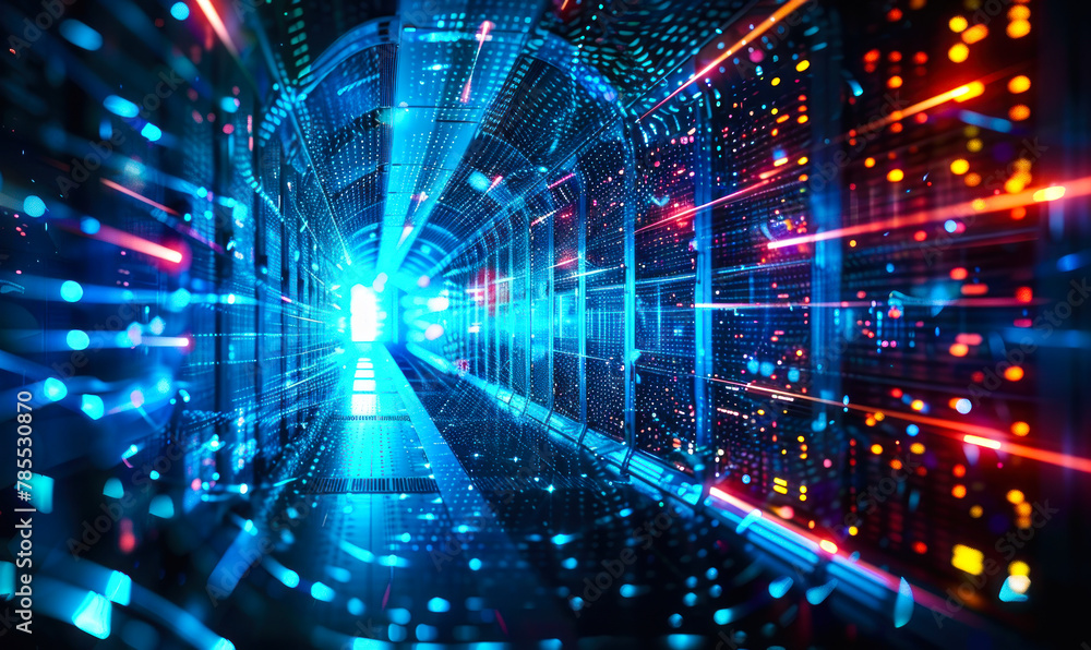 Poster advanced network infrastructure within data center showcasing high speed connectivity and informatio
