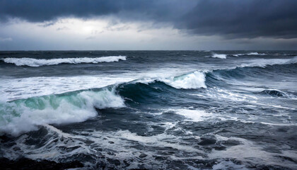 Obraz premium Close-up view of turbulent big wave in a stormy sea under a cloudy sky.