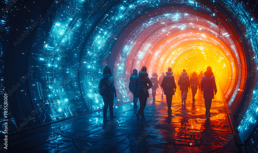 Poster silhouettes of urban citizens walking through a virtual data tunnel representing data privacy challe