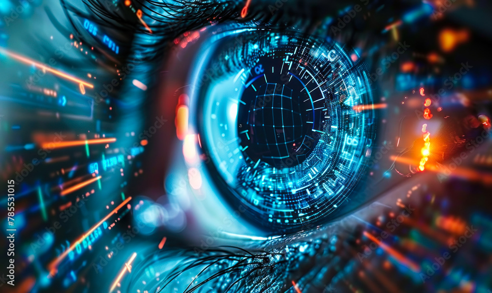 Poster futuristic digital eye monitoring a network of interconnected devices in cyberspace, representing ad
