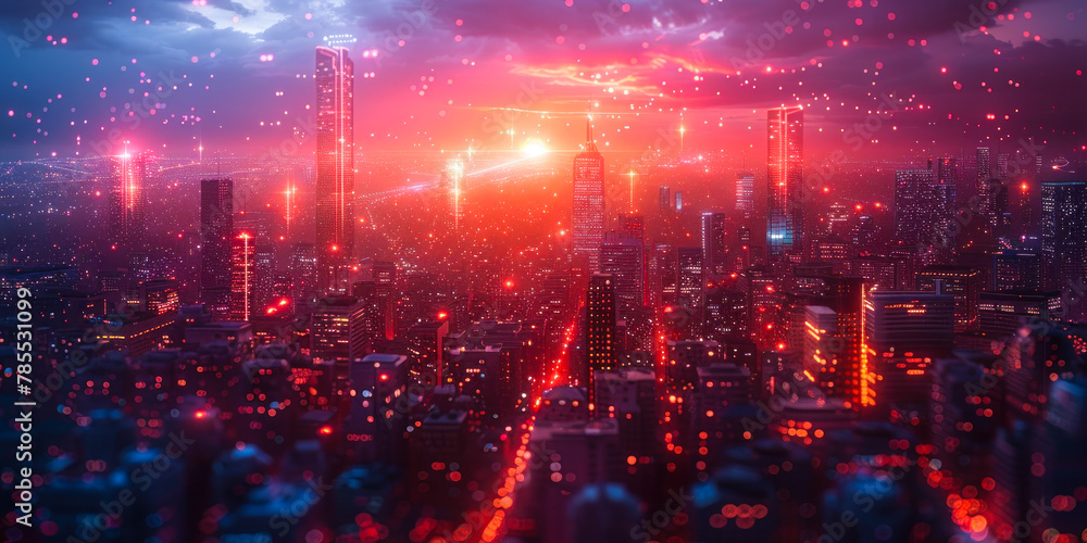 Poster futuristic cityscape with holographic data screens and lights floating in the air between skyscraper