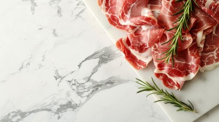   A marble counter hosts a cutting board bearing meat slices, accompanied by a sprig of rosemary