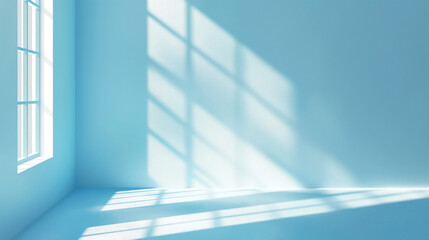 Fototapeta premium Minimal backdrop with sunlit empty room with soft pastel blue walls and floor, featuring long shadows from window frames. Copy space. Natural shadows and light. Background for product promotions