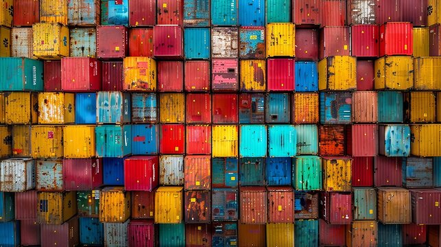 Bright cargo boxes tessellate in an aerial view of a sea freight hub