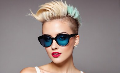 Fashion portrait Hipster Model woman, Stylish hairstyle. Fashion Makeup. Blond sexy Model wear trendy Sunglasses