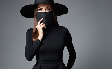 Fashion Model in Sexy Black Dress, Elegant Woman with Hat covered on a gey background