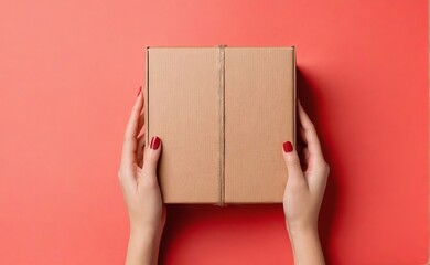 Female hand holding cardboard box on red background. Mockup parcel box. Packaging, shopping, online delivery concept