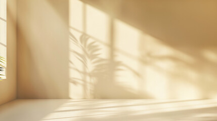 sunlight casts a shadow from the window on the warm beige wall and floor. Copy space. Generative AI