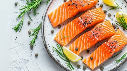   Three salmon fillets on a plate, each garnished with a lemon wedge and a sprig of rosemary - obrazy, fototapety, plakaty