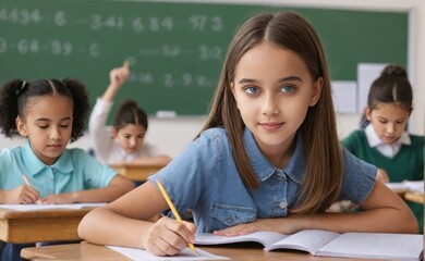 Girl learning math at school, education concept