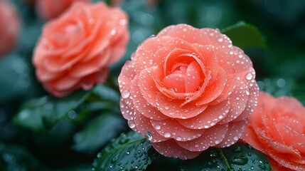   A tight shot of a rosy pink bloom sporting water beads, alongside a lush, verdant foliage backdrop