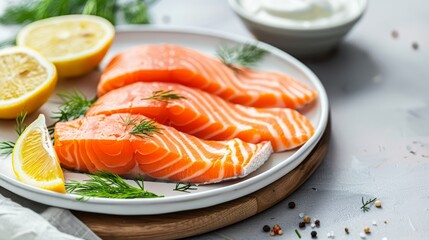   A table holds a white plate with salmon atop it, accompanied by lemon wedges nearby, and a separate bowl of yogurt