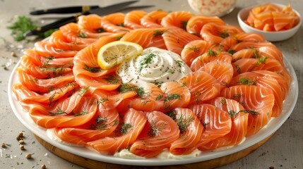   A platter of smoked salmon with a dollop of mayo and a lemon wedge on the side