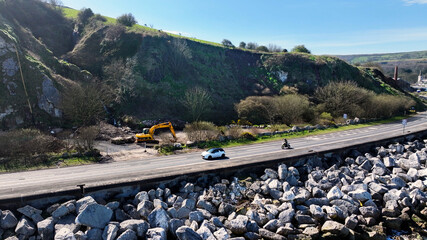 Aerial view of the Landslide on the County Antrim coast road between Ballygally and Glenarm...