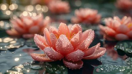 Foto op Canvas   A collection of water lilies afloat on a serene pond, adorned with droplets on their petals and leaves © Nadia