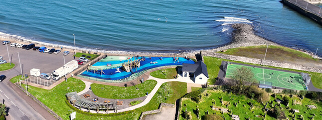 Aerial view of the play area and basketball court in Glenarm Village in County Antrim Northern Ireland