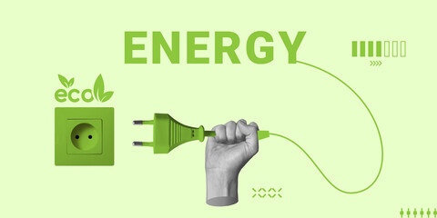 Eco-friendly, green energy concept. A hand with an electric fork connects the word Energy to a...