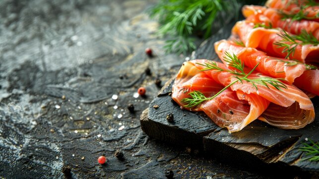   A table is topped with sliced salmon atop a black slate Nearby, a single sprig of dill rests