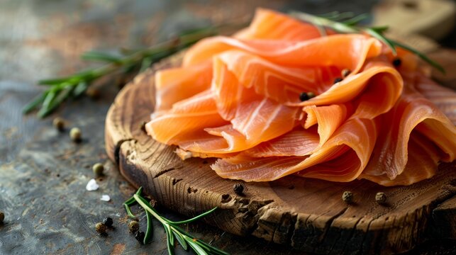   A wooden cutting board holds sliced salmon, accompanied by a nearby sprig of rosemary atop another wooden board