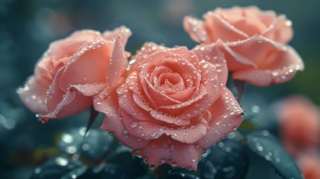   A foreground of pink roses with water droplets is depicted, overlapping a blurred image of water droplets on their petals