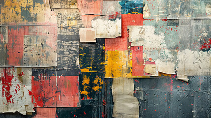 Textured collage of torn posters on a weathered urban wall