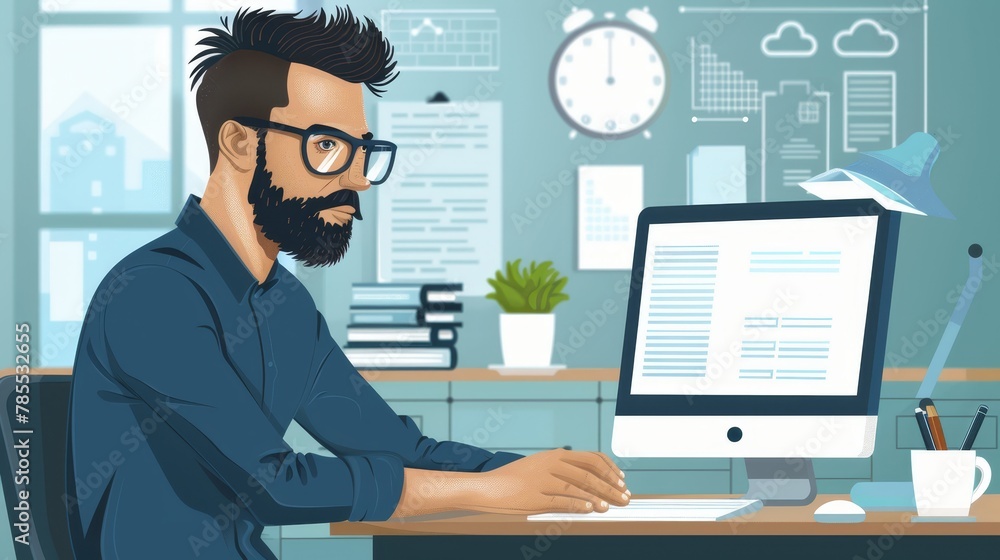 Poster a bearded man sits at a desk, using a computer with a monitor, keyboard, and mouse