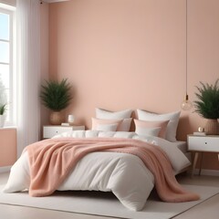 Fototapeta na wymiar Interior mock-up, cozy girl's peachy fizz bedroom, Scandinavian minimal style, 3d render