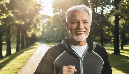 Senior man proves age is just number as he jogs energetically through scenic park. Sunlight filters through trees highlighting his athletic form