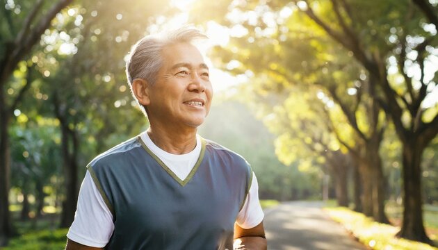 Senior man proves age is just number as he jogs energetically through scenic park. Sunlight filters through trees highlighting his athletic form