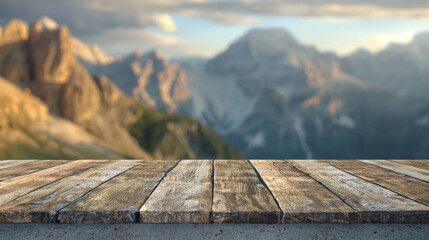Empty wooden table with a panoramic view of the dolomite mountains in the background. Copy space. Generative AI - obrazy, fototapety, plakaty