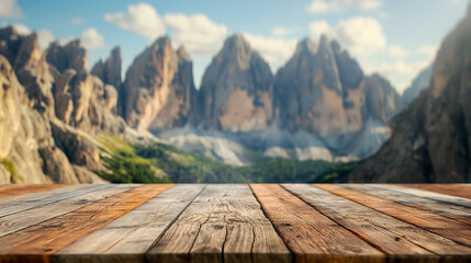 Empty wooden table with a panoramic view of the dolomite mountains in the background. Copy space. Generative AI - obrazy, fototapety, plakaty