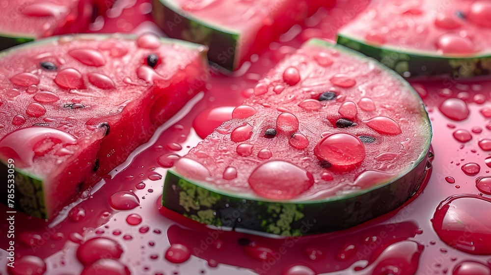Poster a table is home to an arranged grouping of watermelon slices, dripping with h2o