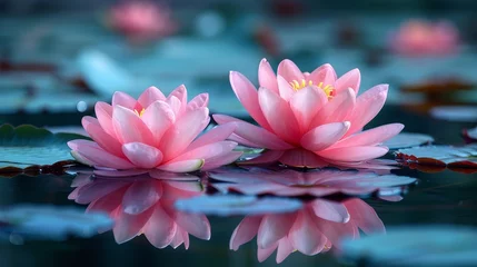 Foto op Canvas   Two pink water lilies float atop a body of water, their large, circular leaves unfurled above the surface Beneath the water, lily pads dot the seab © Nadia