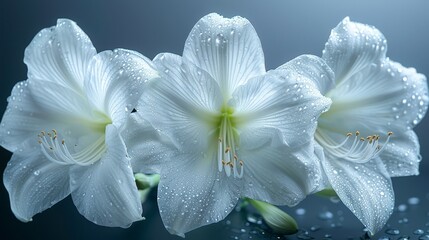   A cluster of white blooms with dewdrops on their petals against a dark blue backdrop, adorned by a few water drops